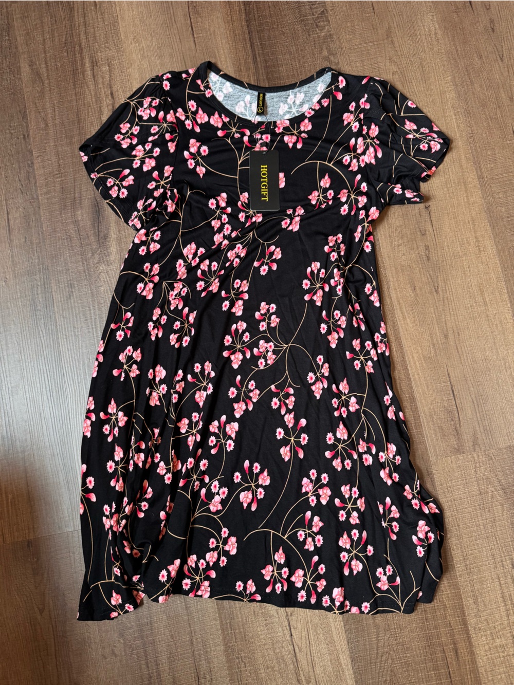 HotCht Black Floral Midi Dress with Pink Blossom Print